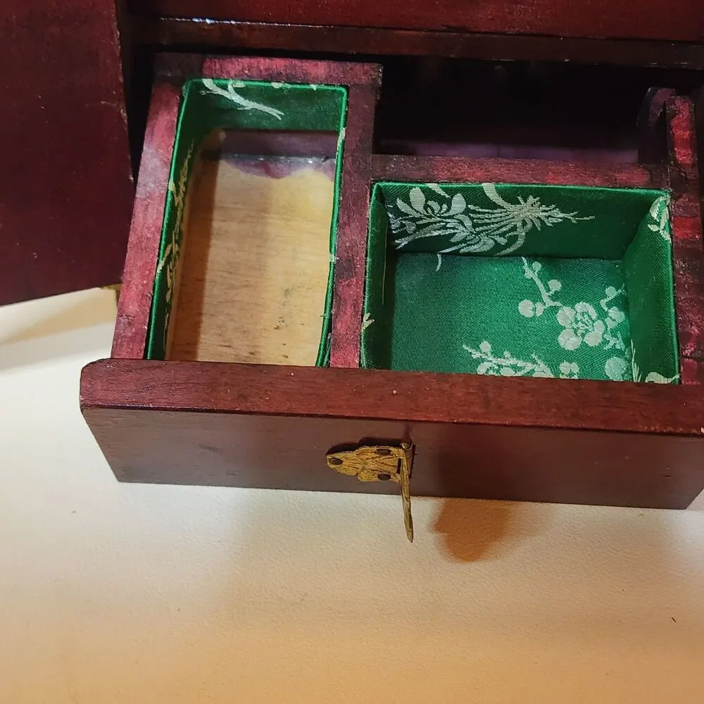 Vintage Chinese Musical Jewelry Box Brass Inlay 3 Drawer Wood Cabinet Memories